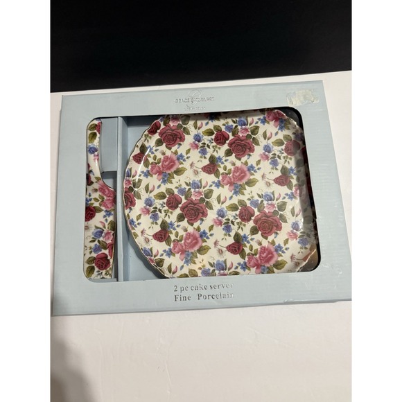 Grace's Teaware Fine Porcelain Cake Plate & Server Set – Rose Chintz Floral NIB - Picture 5 of 6